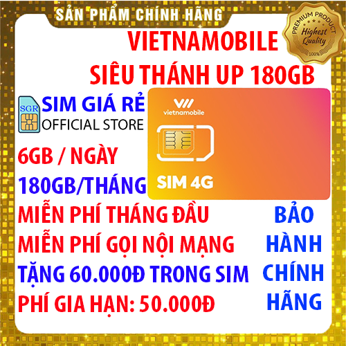 Sim 4G Vietnamobile có 180Gb/tháng gói 6Gb/ngày , Tặng sẵn 60.000đ – Đã có sẵn miễn phí sẵn tháng đầu – Nghe gọi siêu rẻ – Phí gia hạn 40.000đ – Shop Sim Giá Rẻ