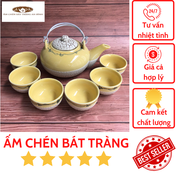 Bộ ấm chén gốm sứ Bát Tràng men Rạn Vàng Tròn