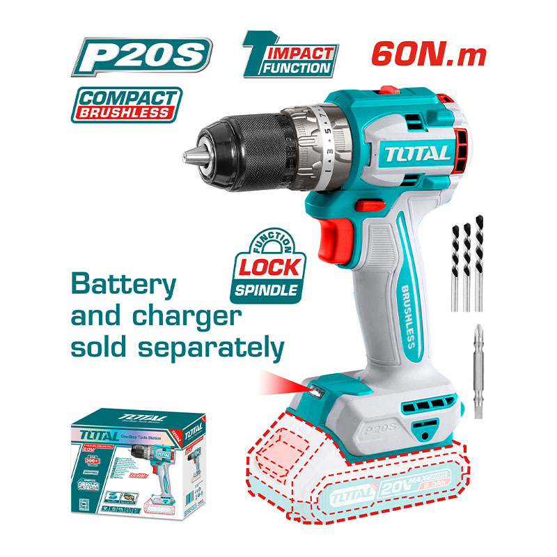 Máy khoan búa dùng pin 20v total tidli20602, tidli206021. máy khoan pin động cơ không chổi than, lực siết 60n.m