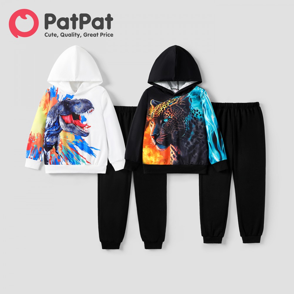 PatPat 2pcs Kid Boy Animal-patterned Hooded Set Terno For Kids Boy
