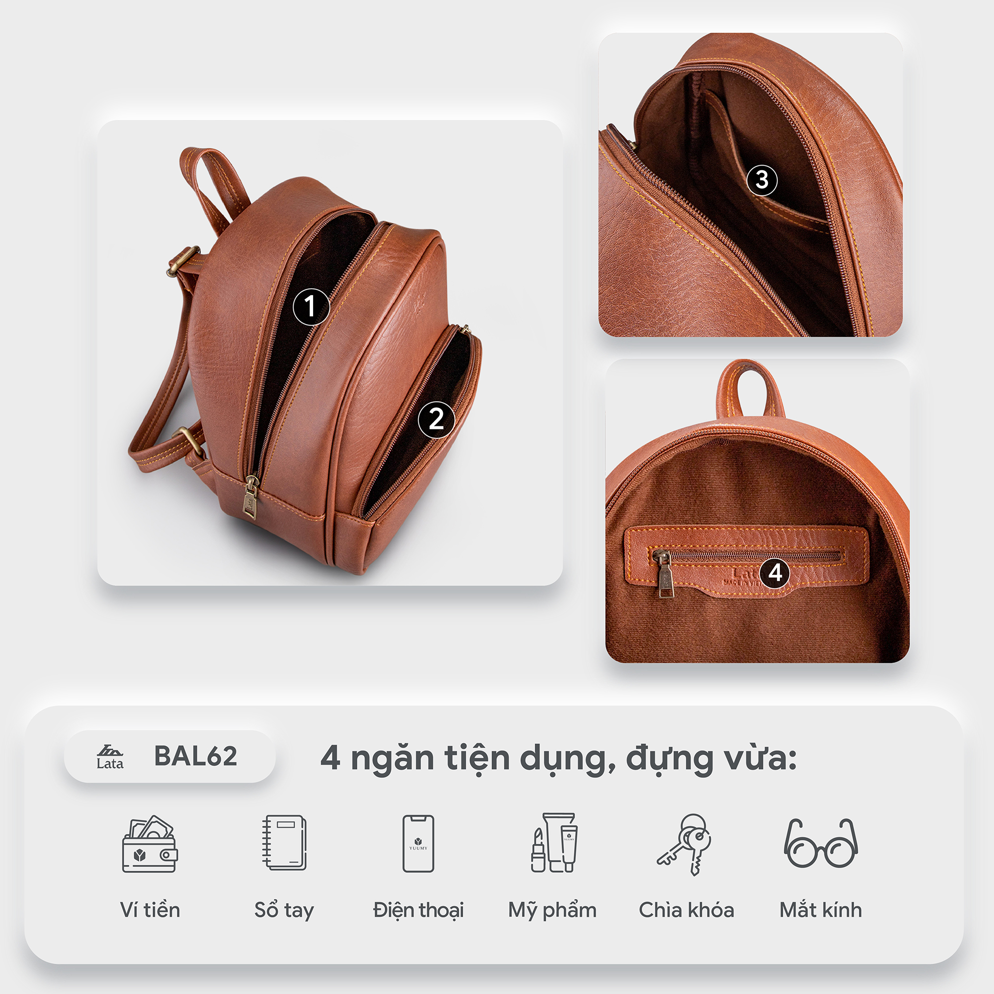 Balo Lata (Thời trang nữ tiện lợi cỡ trung - Balo da BAL62)
