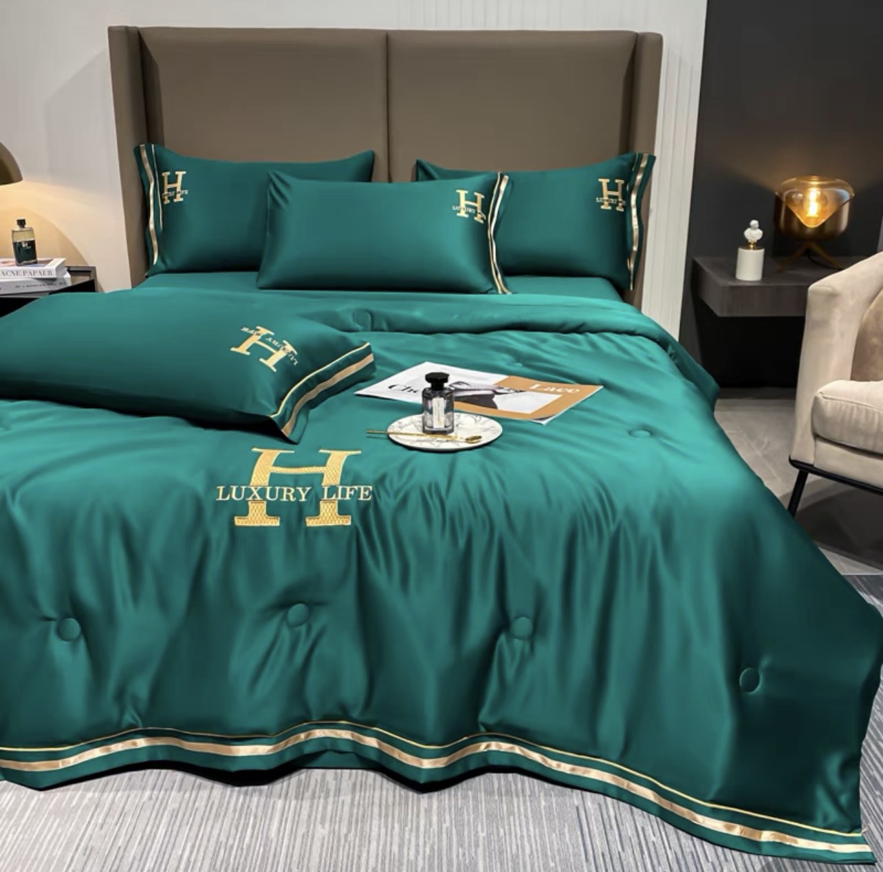 (💥GIẢM CỰC RẺ) SET 4 MÓN CHĂN TRẦN GA GỐI LỤA THÁI THÊU CHỮ H- MỀN TRẦN LÓT BÔNG NHẬP KHẨU LOẠI 1 FULL MÀU