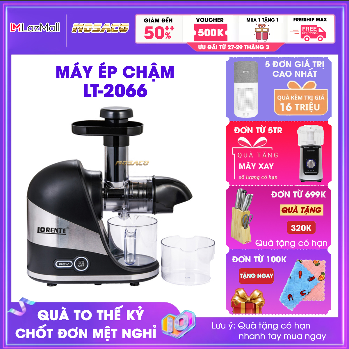 Fruit juice machine, tube led food shaped round mouth wide Lorente lt-2066 capacity 0.5L. Juicer slow fruit easy to material, blade material stainless steel premium sharp, with lid safety, low-noise ở level under 60dB-mosaco