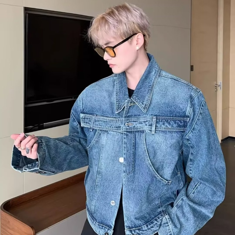 Hanlu Men's fashionable denim jacket lapel jacket handsome motorcycle jacket