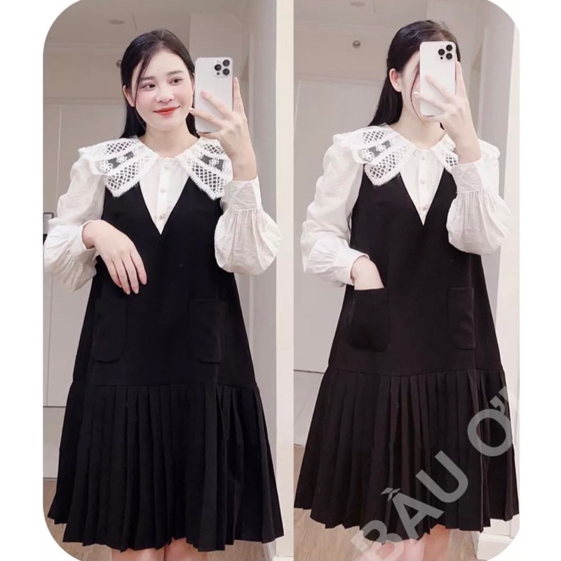 Váy bầu dài tay cổ bèo phối sơ mi sang chảnh M04