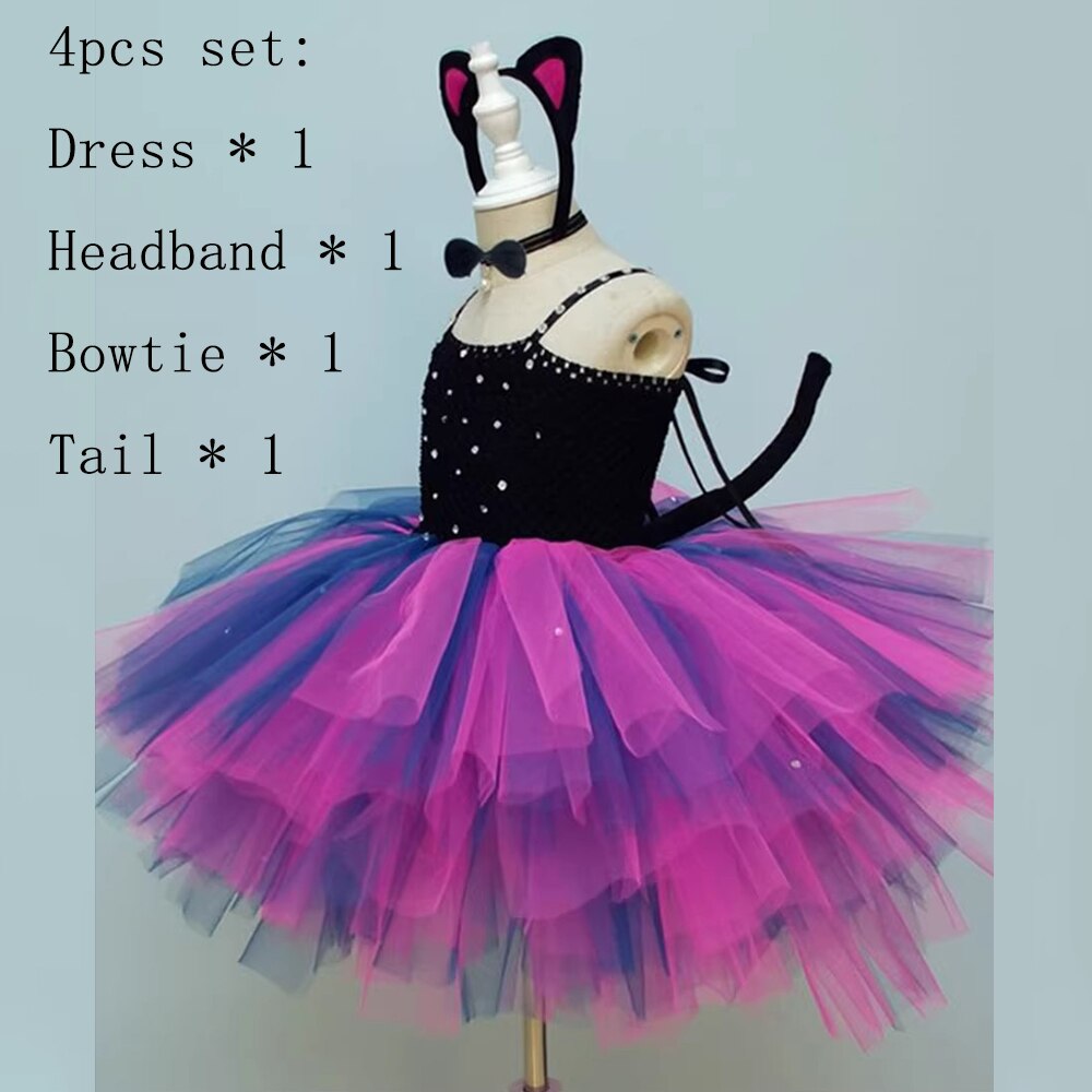Black Pink Cat Tutu Dress For Girls Carnival Halloween Costumes For Kids Animal Cosplay Outfit For Birthday Party Clothes Set
