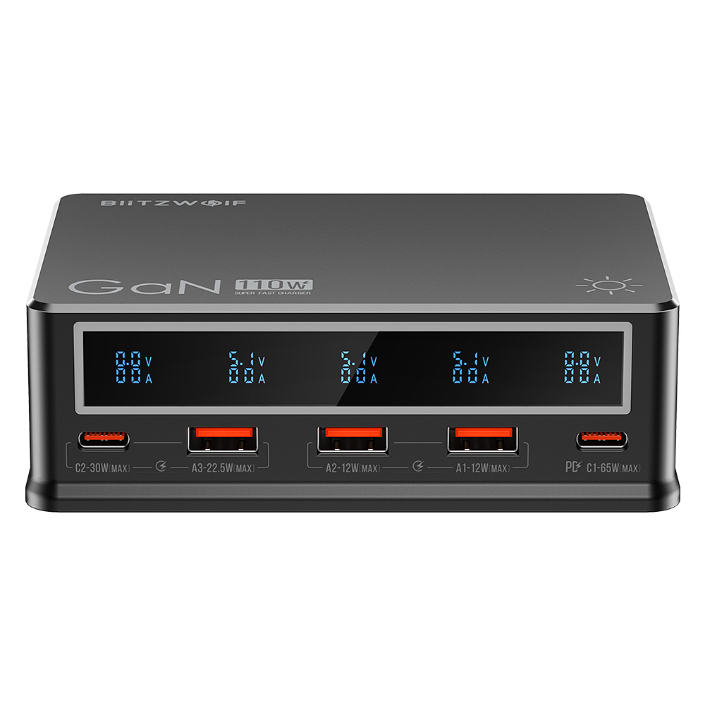 Blitzwolf bw-i9 110w usb pd charger 3usb-ausb-c +2pd3.0 qc3.0 pps afc fcp scp pe 5-port fast charging desktop charging station eu plug