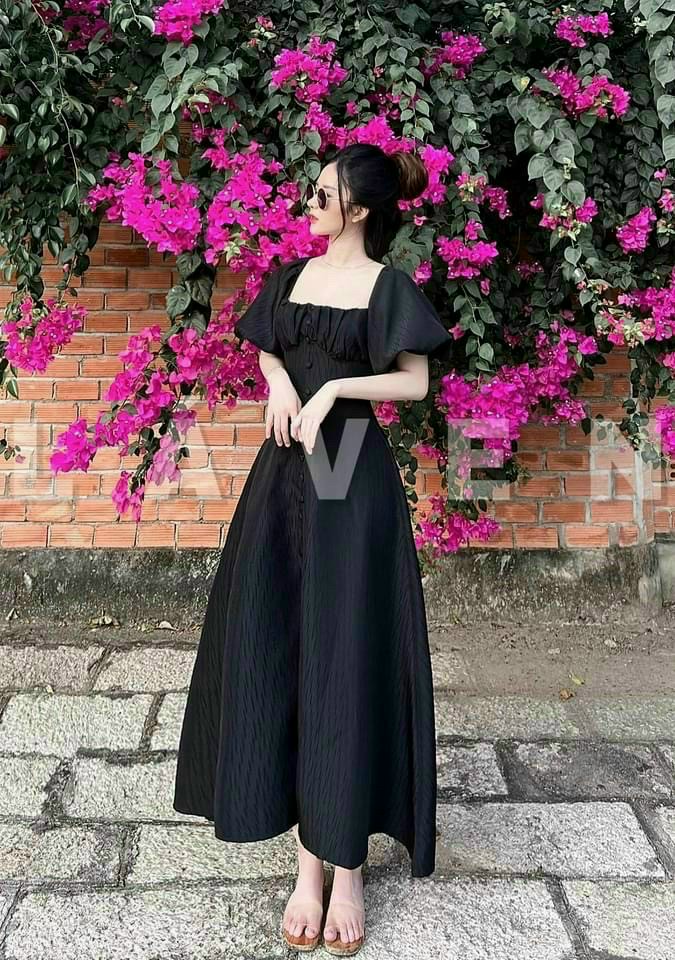 Đầm Quý cô Tay Phồng cổ Vuông Chất Lụa Có Mút Siêu Xinh