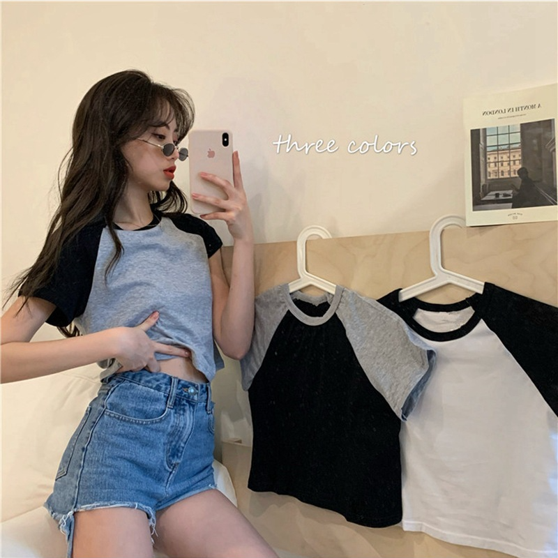 OEM Retro Contrast Color Right Shoulder Short Sleeve T-Shirt Women's Small Slim Fit Short Top