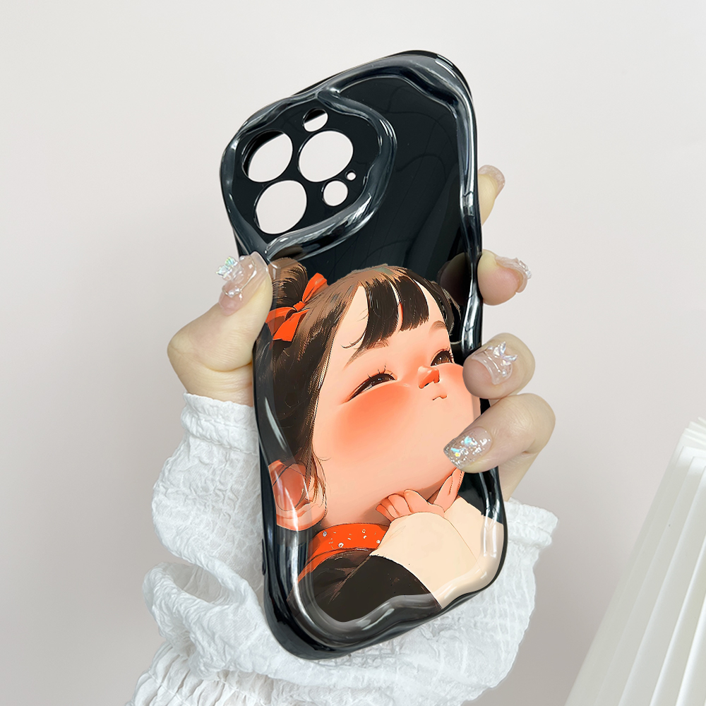 Hotinga for Redmi Note 14 Note 14 Pro Note 14 Pro Plus 5G Xiaomi Poco X7 5G Back Back Cover Cute Lovely Girl Cream Texture Wavy Edge Soft Phone Case. 