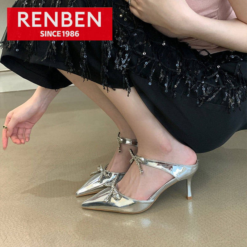 RENBEN Women's high heels high-end silver rhinestone bow pointed heels