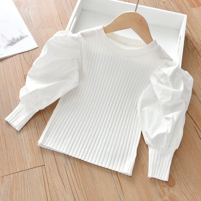 100-160 Girl's Korean Bubble-sleeved Base Shirt Solid Color Long-sleeved T-shirt 1-13 Years Old
