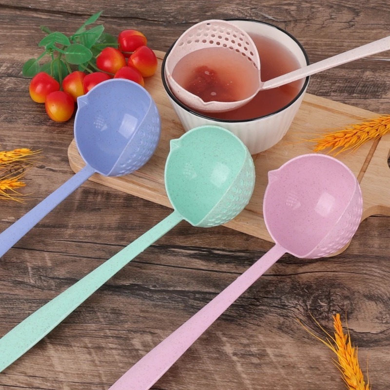 Multifunctional Wheat Straw Spoon 2-in-1 Long Handle Plastic Household Filter Cooking Colander Kitchen Accessories