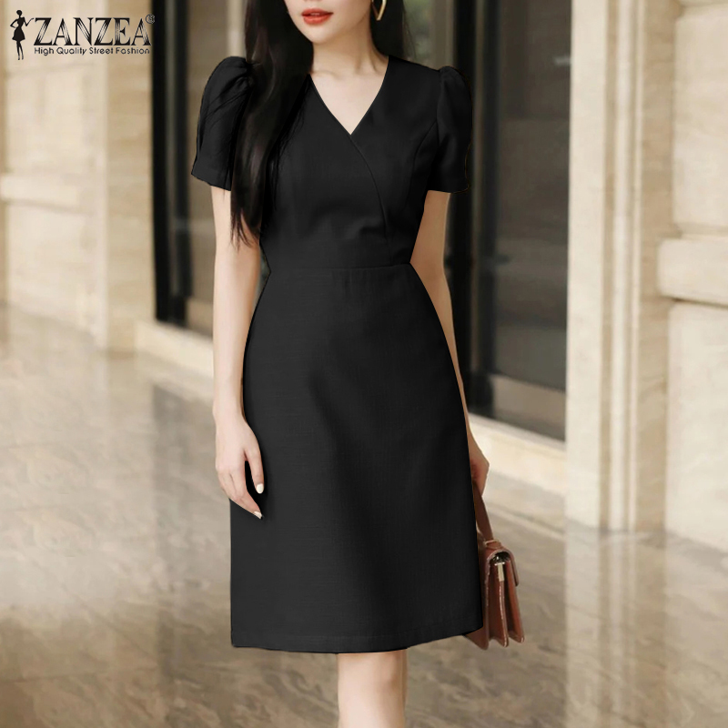 ZANZEA%20Korean%20Style%20Womens%20Elegant%20Party%20Puff%20Sleeve%20V-Neck%20Sundress%20Plain%20Mini%20Dresses%20Red%20Dress%20-%20Image%205