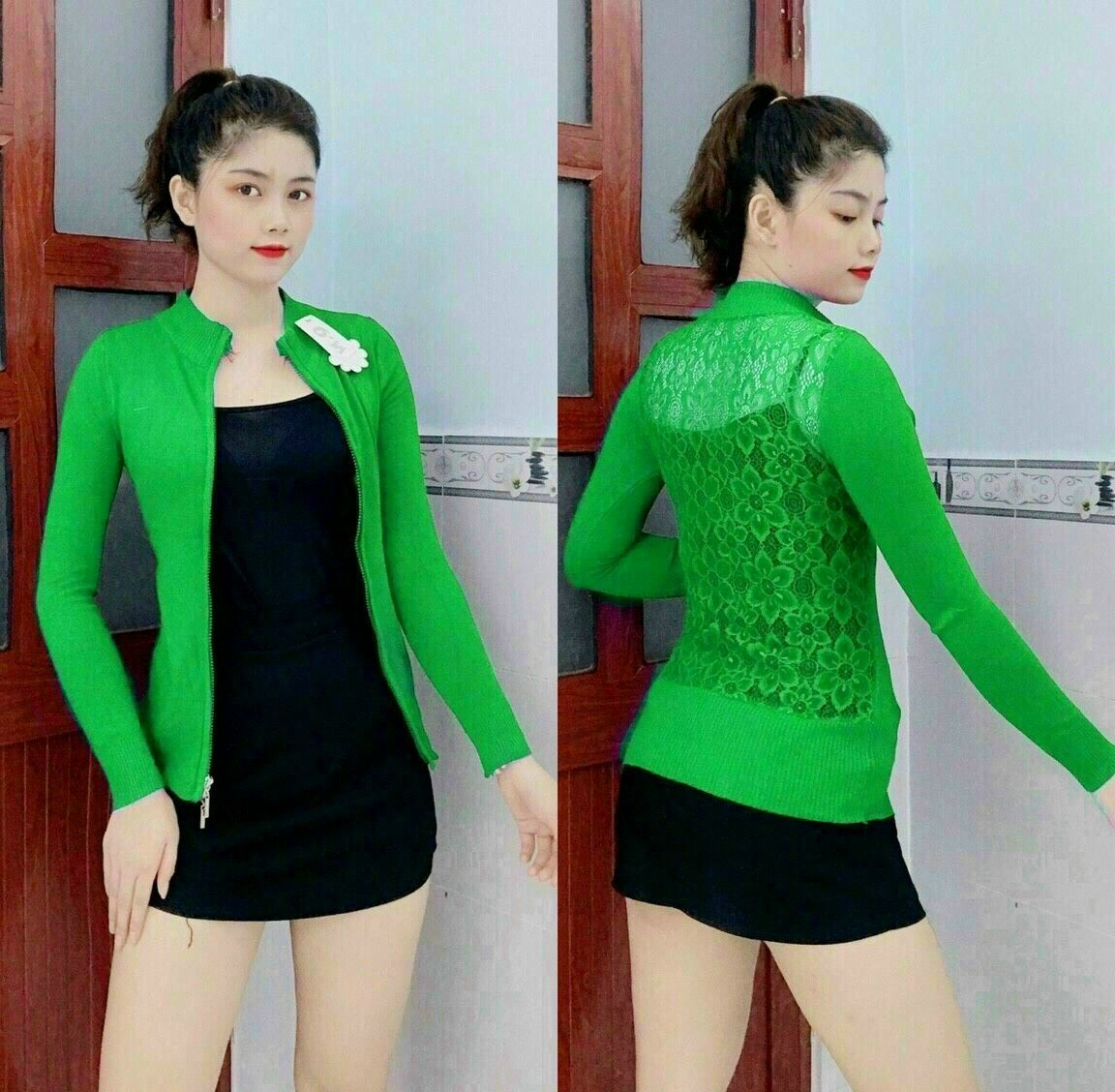 Áo khoác len dây kéo cổ cao phối ren lưng nhiều màu