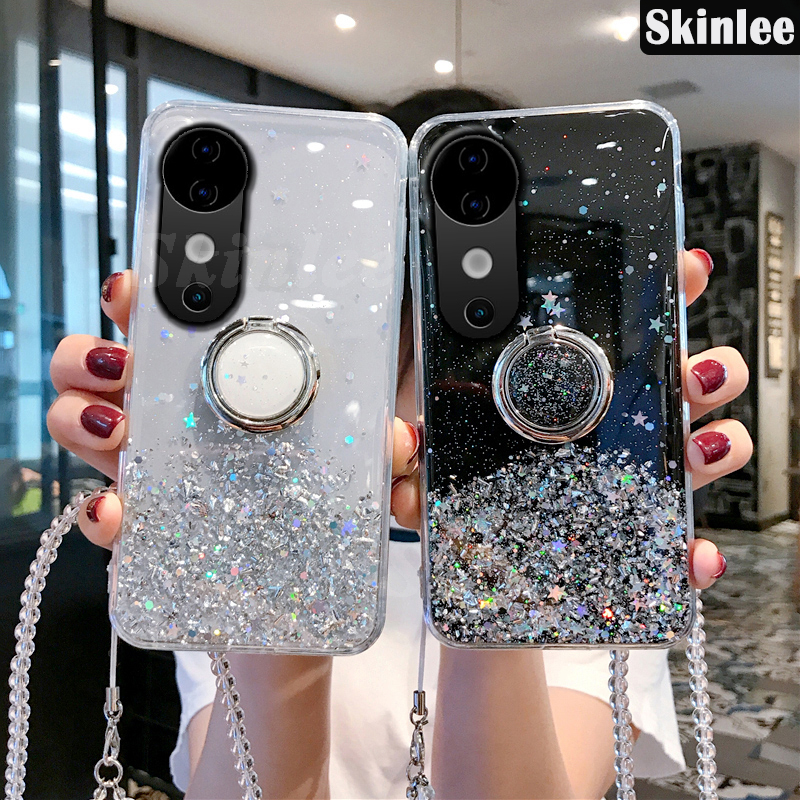 Phone case For Vivo V40 Back cover Glitter Starry Sky Bling Ring Lanyard Shiny Transparent Holder Stand Girls Soft Cover For Vivo V40 Pro Cover cases