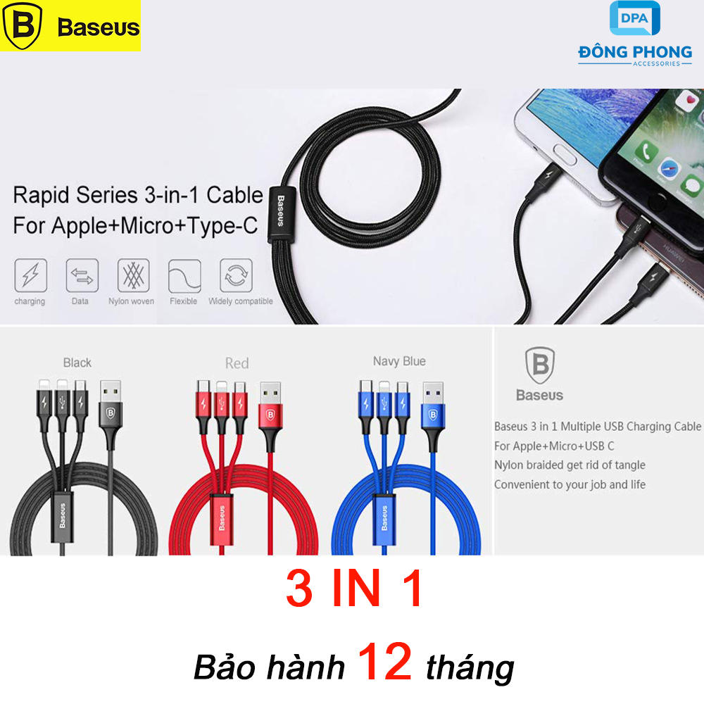Cáp Sạc Đa Năng 3 Đầu Baseus Dây Dù Siêu Chắc Chính Hãng