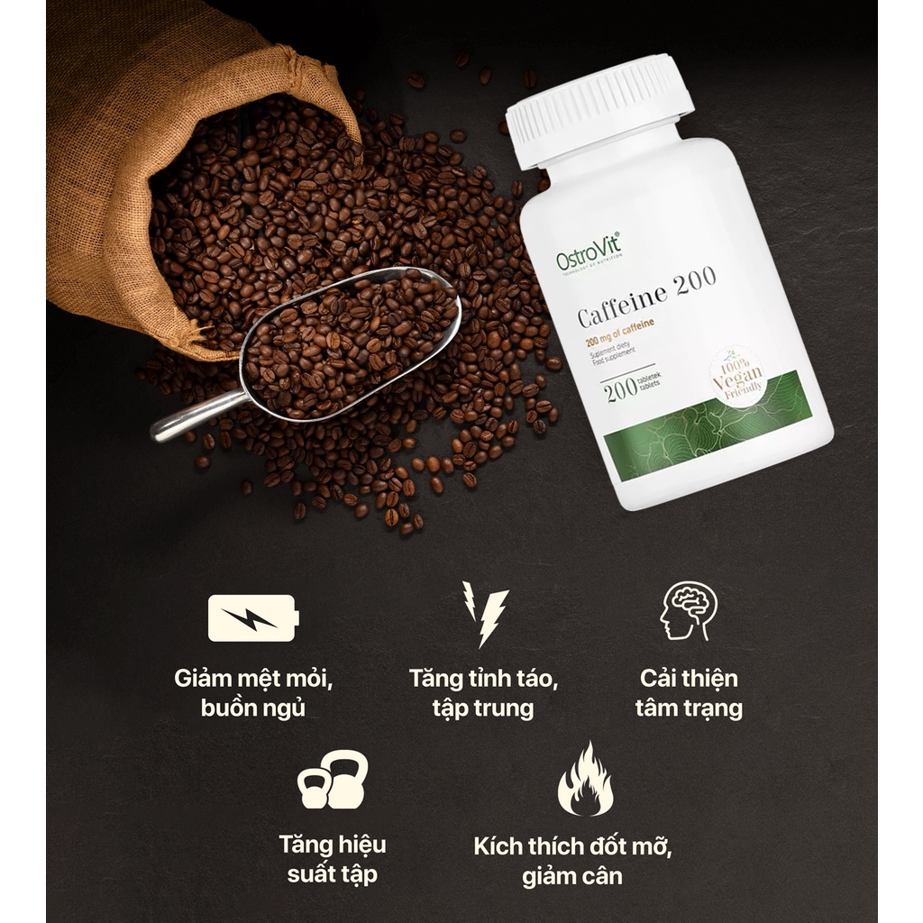 Viên Uống Ostrovit Caffeine (200 Viên) - Hỗ Trợ Tỉnh Táo, Giảm Mệt Mỏi, Tăng Khả Năng Tập Trung Não Bộ