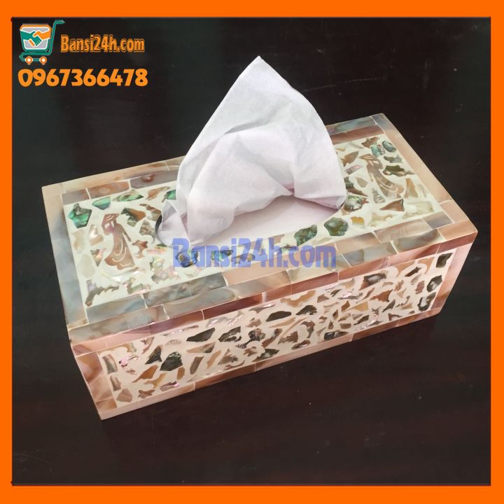 Hộp đựng giấy ăn, Hộp khăn giấy cao cấp sơn mài khảm trai cao cấp sản xuất tại Việt Nam màu hồng