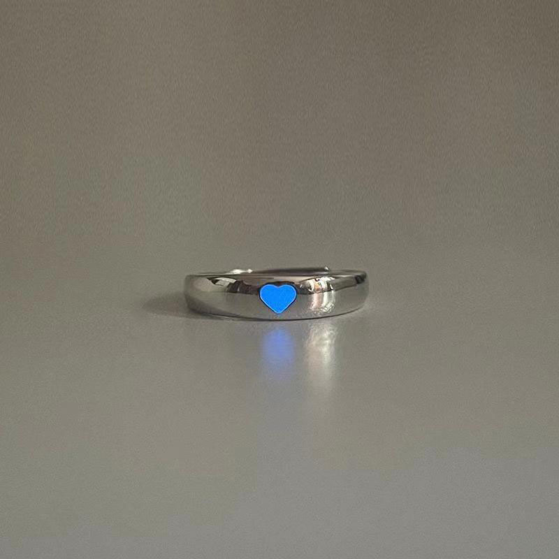 Korea Luminous Heart Couple Ring Female Opening Adjustable Silver Color Jewelry Student Birthday Gift