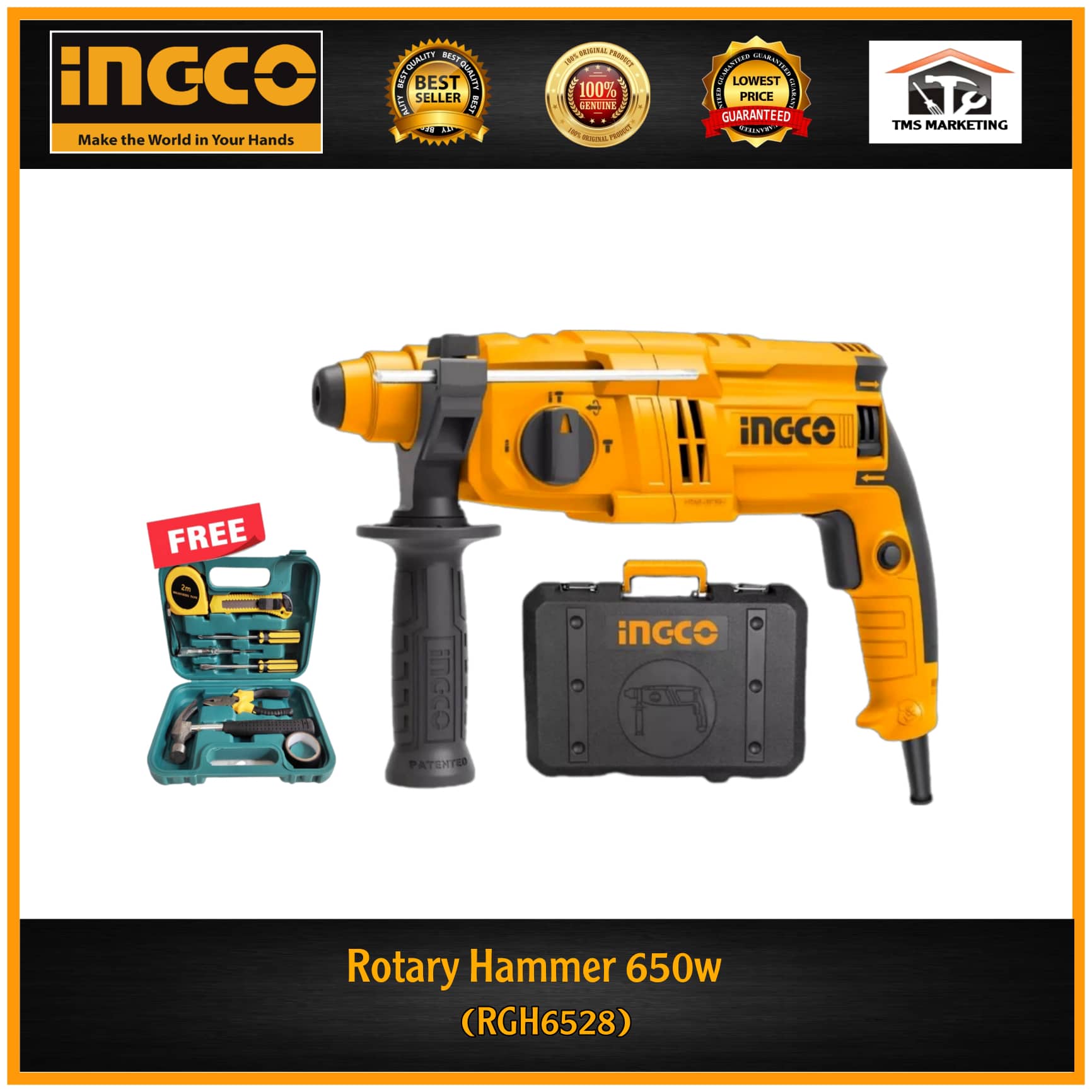 INGCO 3 in 1 Rotary Chipping Hammer Drill 650W RGH6528 with Free Tool