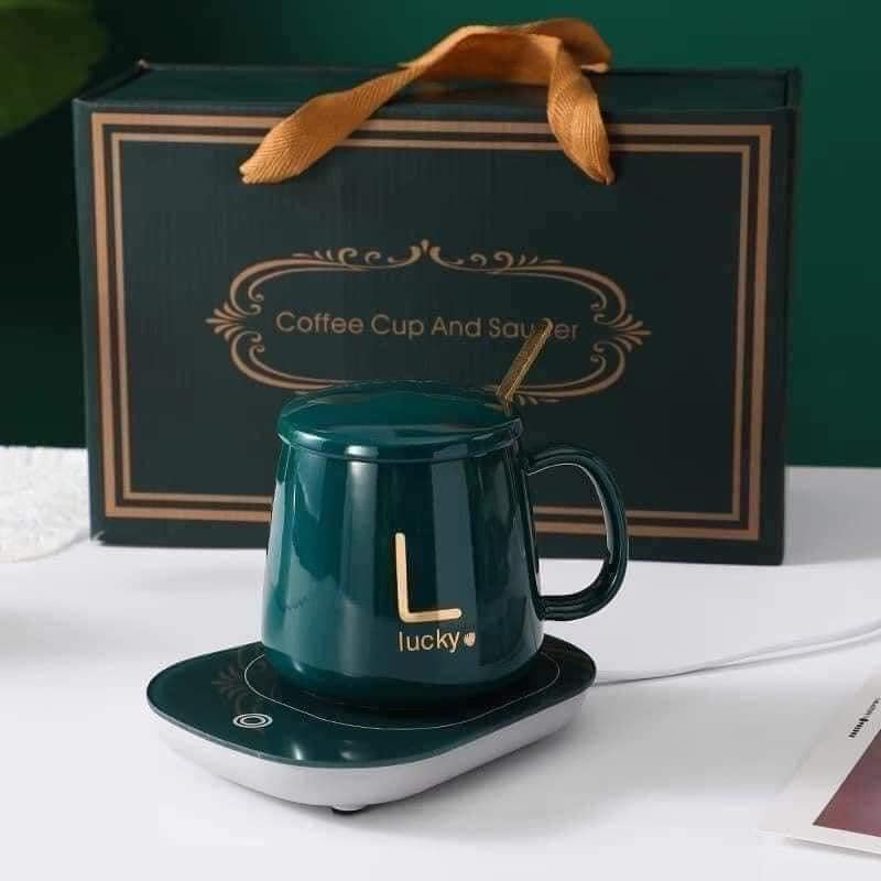 Bộ cốc và đế điện hâm nóng đồ uống bằng sứ Lucky hộp cao cấp, ly sứ đế điện kèm thìa hâm nóng cà phê, trà, sữa đa năng