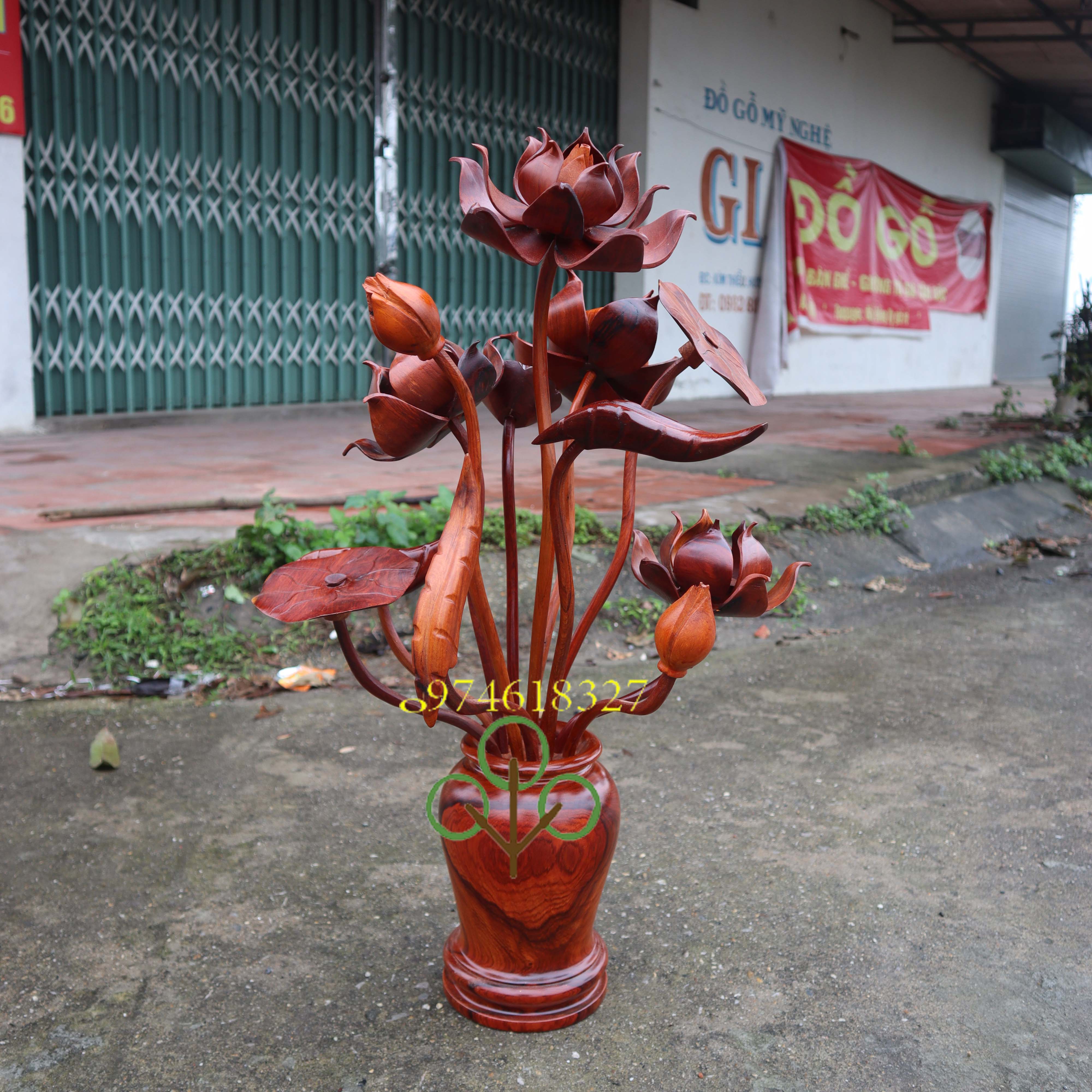 Bình hoa sen để phòng khách gỗ hương trang trí 11,13,15,17 bông