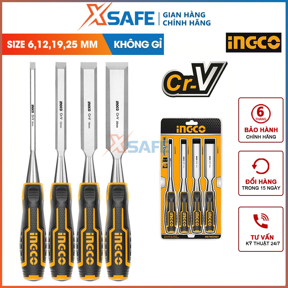 Set of 4 đục Portable Wood head cleaner ingco HKTWC0401 set tip chisel Wood đủ sizes steel CR-V Super hard anti-rust sculpture, wood lathe multi-purpose