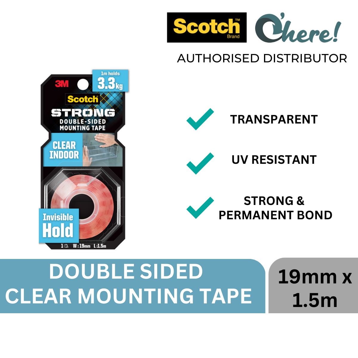 3M Scotch Clear Double Sided Mounting Tape 19 mm x 1.5 m / 19 mm x 4