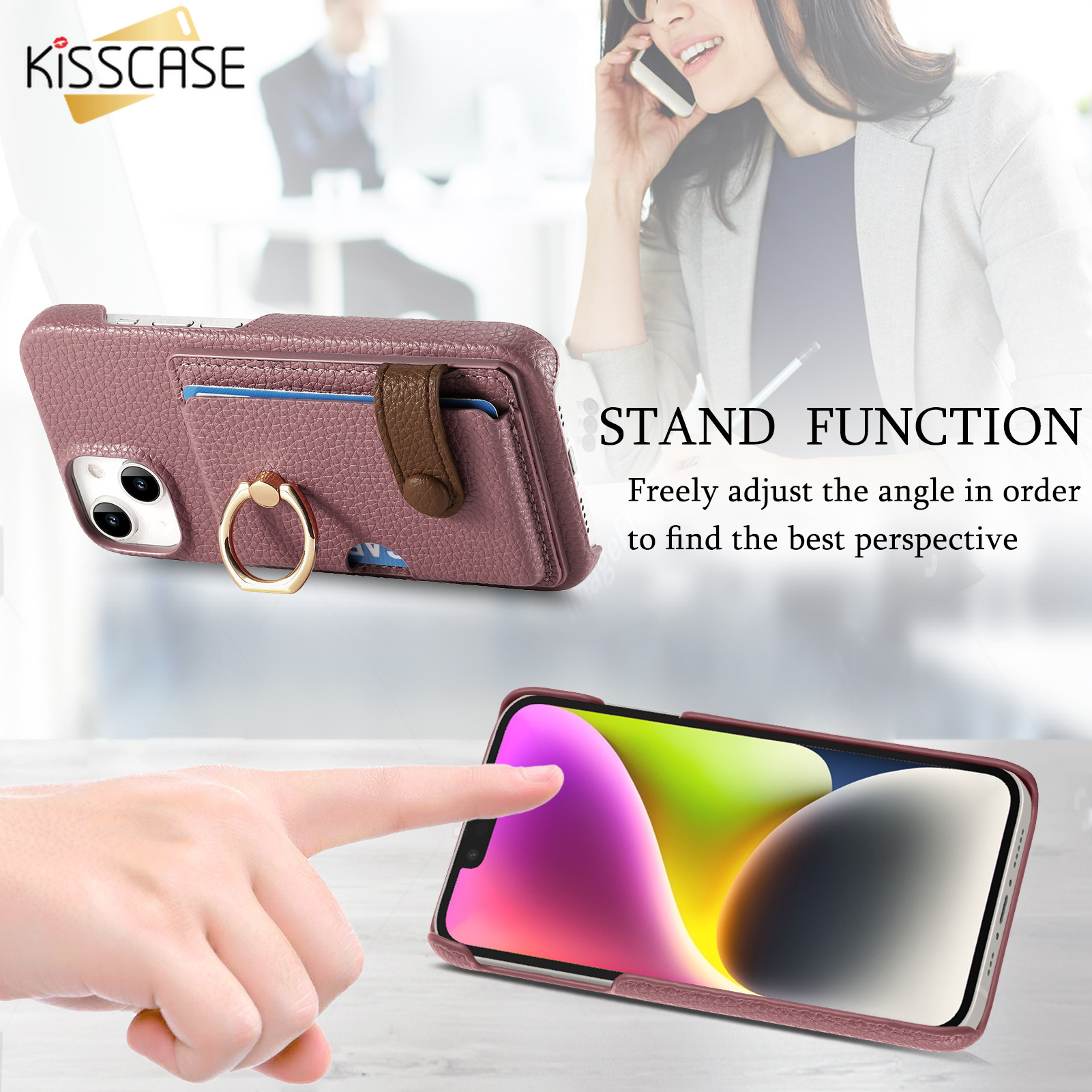 KISSCAE Pure Color Lychee Pattern Metal Ring Bracket Wallet Simple Leather Cars Slots Case For iPhone15Promax Phone Case Card Holster iphone 14 pro max Protective Cover iphone Case Flip Holder Stand Back Cover For Apple15 Pro Max 14 Plus 13 12 11