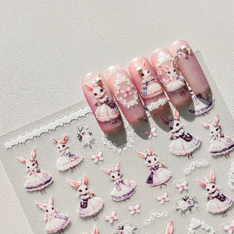 Noble Rococo Bunny Girl Pearl Butterfly Easter Egg Rabbit Soft Relief Self Adhesive 5D Nail Art Decoration Sticker 3D Nail Decal. 