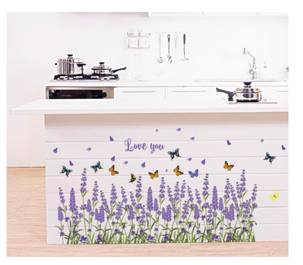 Decal trang trí chân tường - hoa Lavander tím chữ love lãng mạn-K29