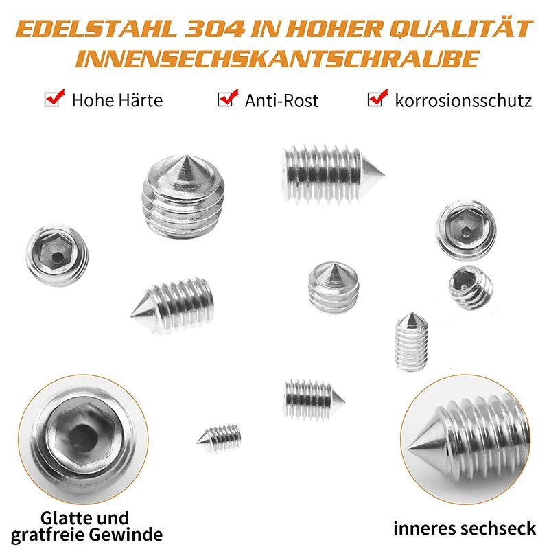 ELECTRAPICK 240Pcs Hex Hexagon Socket Set Screw Cone Point Grub Screw Tapered End Headless Bolt M3 M4 M5 M6 M8