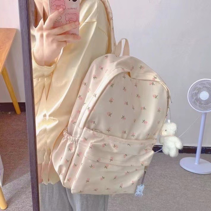 School bag, women's ins, Korean girl, small fresh literary student, backpack, tulip, floral, college-style backpack