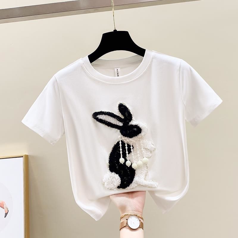 Korean style rabbit short-sleeved T-shirt for women 2023 new heavy industry casual top trend