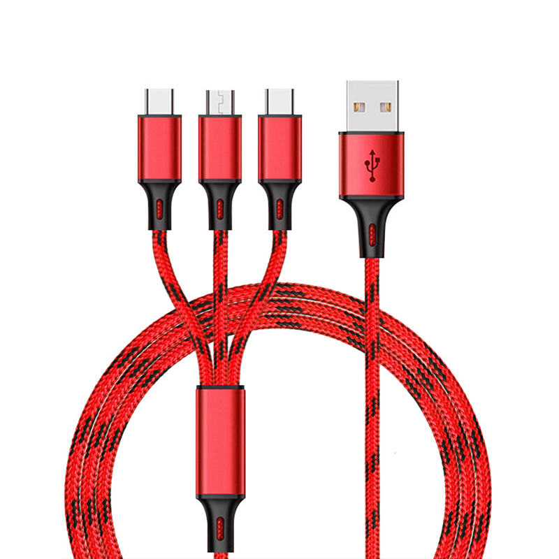 Braided 2.8a 3 in 1 fast charging cable compatible for iphone micro usb type c usb charger cord data cable