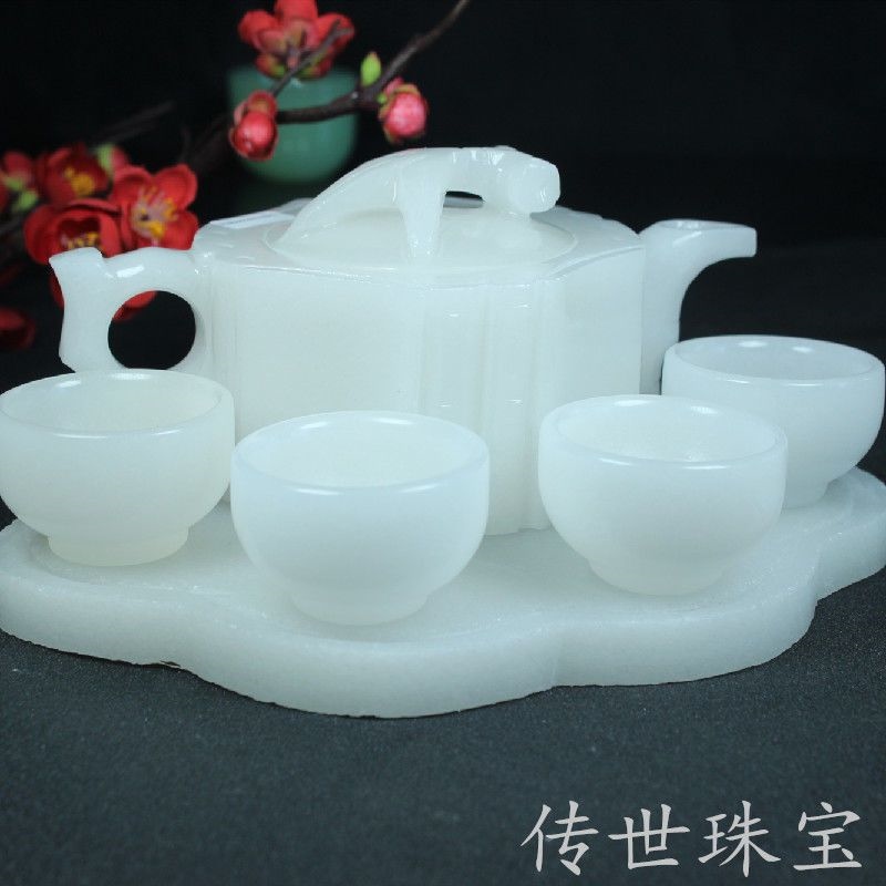 Natural Afghan Jade retro octagonal teapot set mutton fat white jade tea set tea bowl high-end Kung Fu tea for men and women