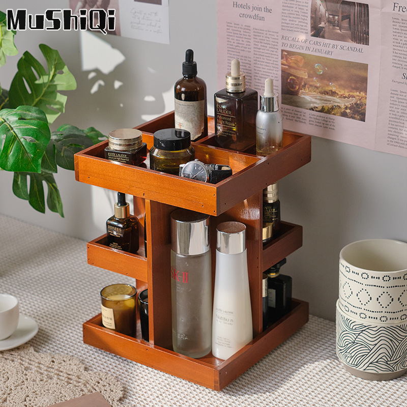 Vintage Desktop Rotating Multi-Layer Cosmetic Organizer Wooden Multi-Layer Perfume Display Rack Storage Shelf