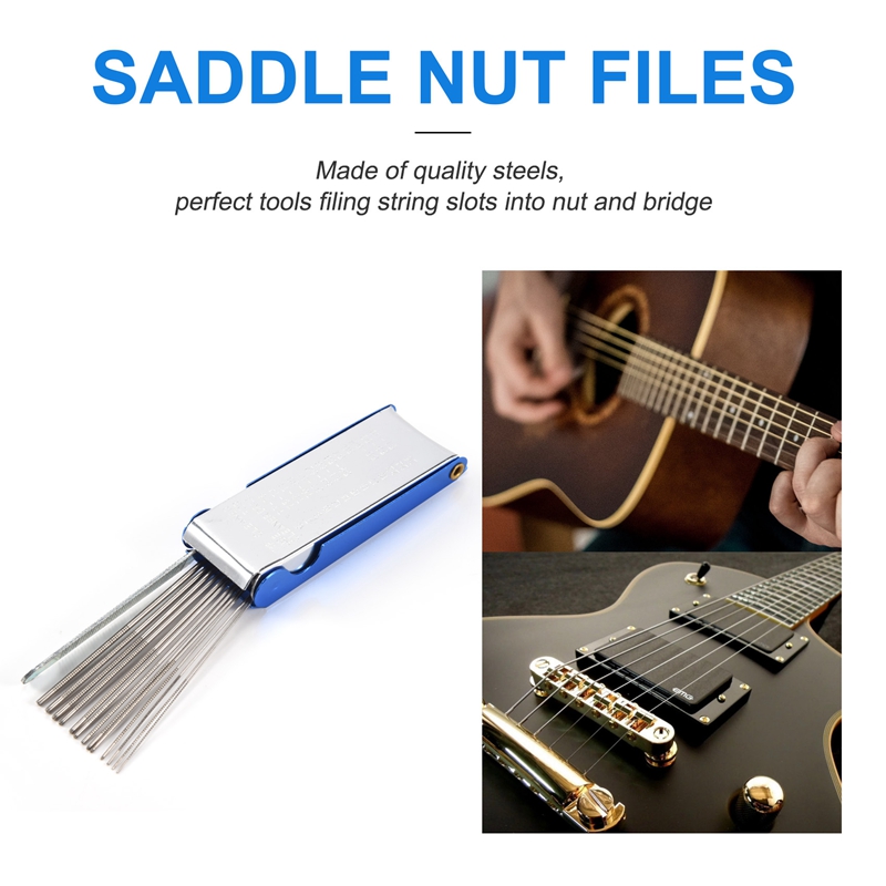 (XAWS) 9Pcs Understring Radius Gauge + String Action Ruler Gauge Tool + Guitar Bridge Saddle Nut Files Set Guitar Repair Tool Accessories