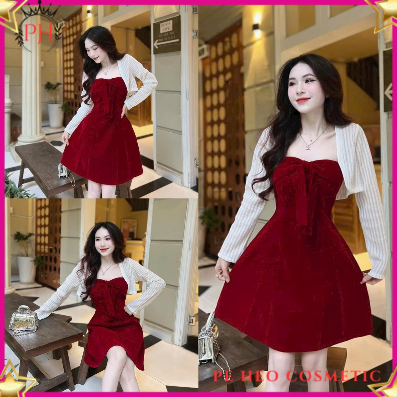 Đầm xòe cúp ngực nơ ngực nhung đỏ phối áo khoác ren lửng dễ thương , nữ tính , đẹp gái
