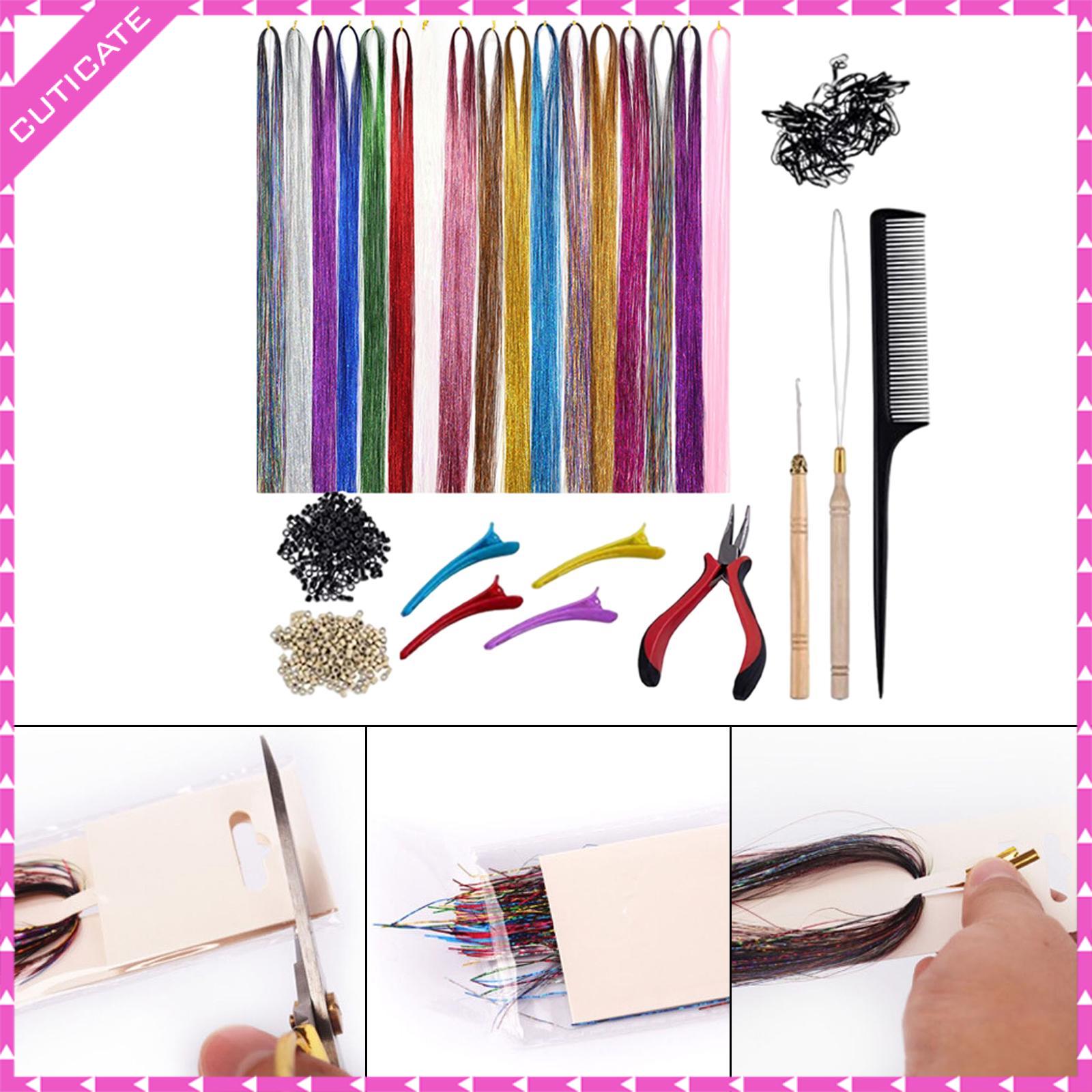 CUTICATE Hair Extension Tinsel Kit 12-Color Glitter 200Pcs Rings Beads with Tools Multi-Color for Cosplay Hair Styling Halloween Women Girls Boys