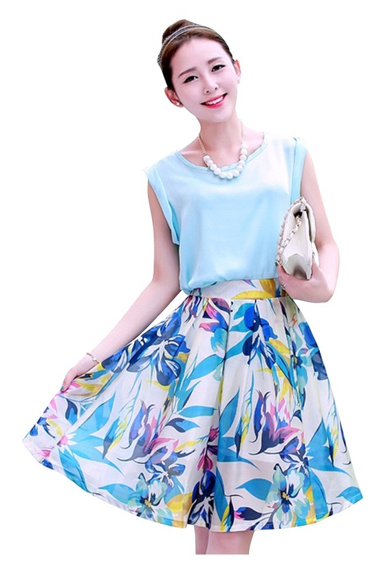 [HCM]Bộ váy hoa xòe và áo sát nách dmk020 (Xanh)