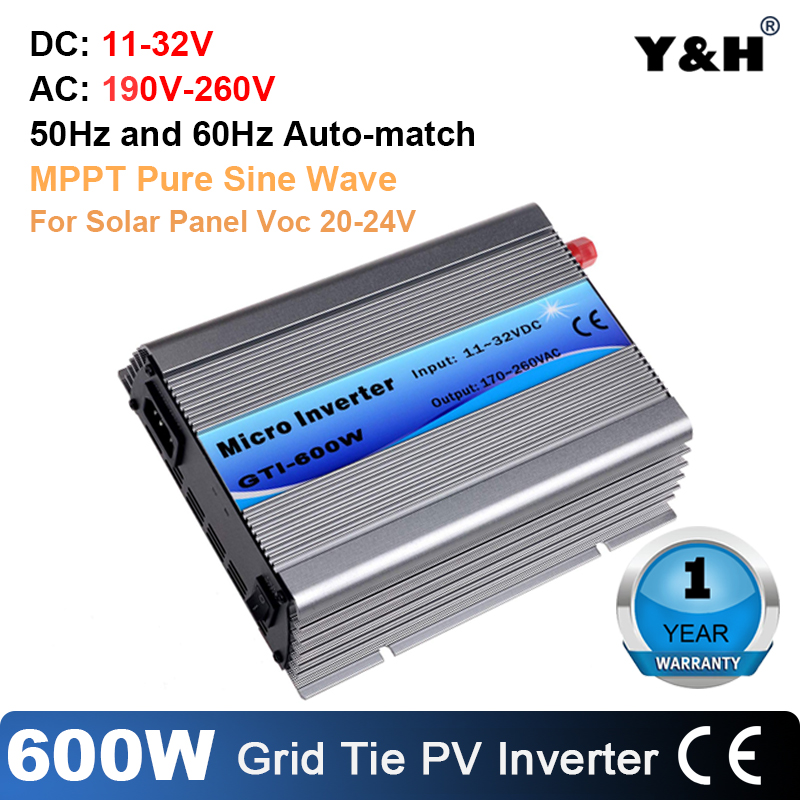 600W MPPT Grid Tie Inverter DC11-32V to AC230V for 12V Solar Panel/24V Battery 