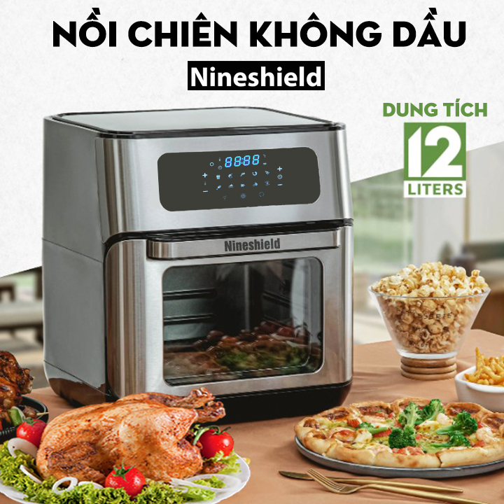 Bếp Chiên Không Khí Cao Cấp, Nồi Chiên Không Dầu Nineshield Dung Tích Khủng 12 Lít- Công Suất 1700W, Bảng Điều Khiển Cảm Ứng Thông Minh, Nắp Kính Chịu Nhiệt, Khoang Chứa Siêu Rộng, Công Nghệ Rapid Air An Toàn Sức Khỏe