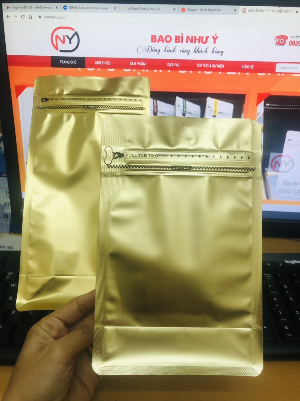 [1kg/size] túi zip 8 cạnh cafe MÀU VÀNG ĐỒNG (full size)
