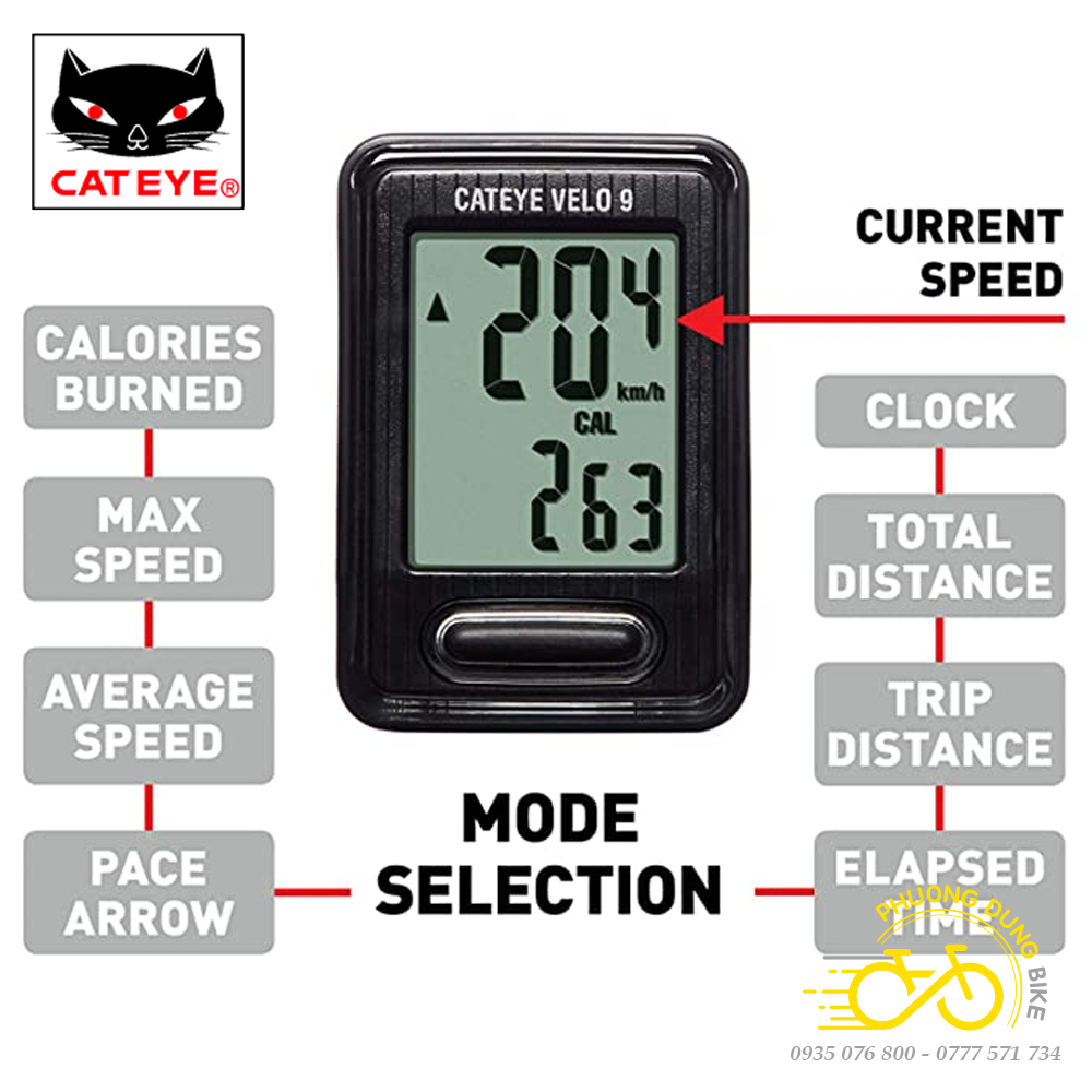 Đồng hồ đo tốc độ xe đạp có dây CATEYE VELO 9 CC-VL820