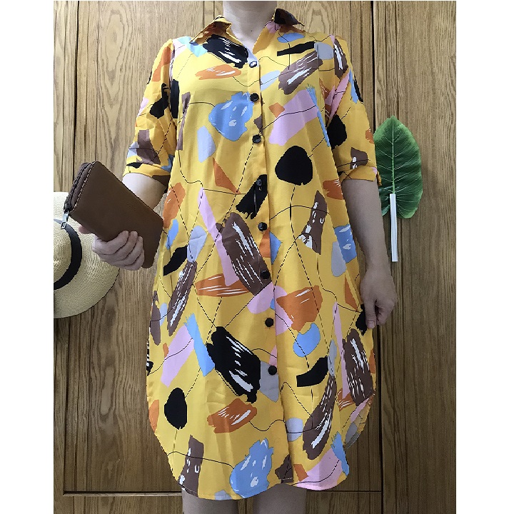 Đầm Trung Niên - Kiểu Sơ Mi  - Vải Lụa Đũi - Size 48KG - 75KG