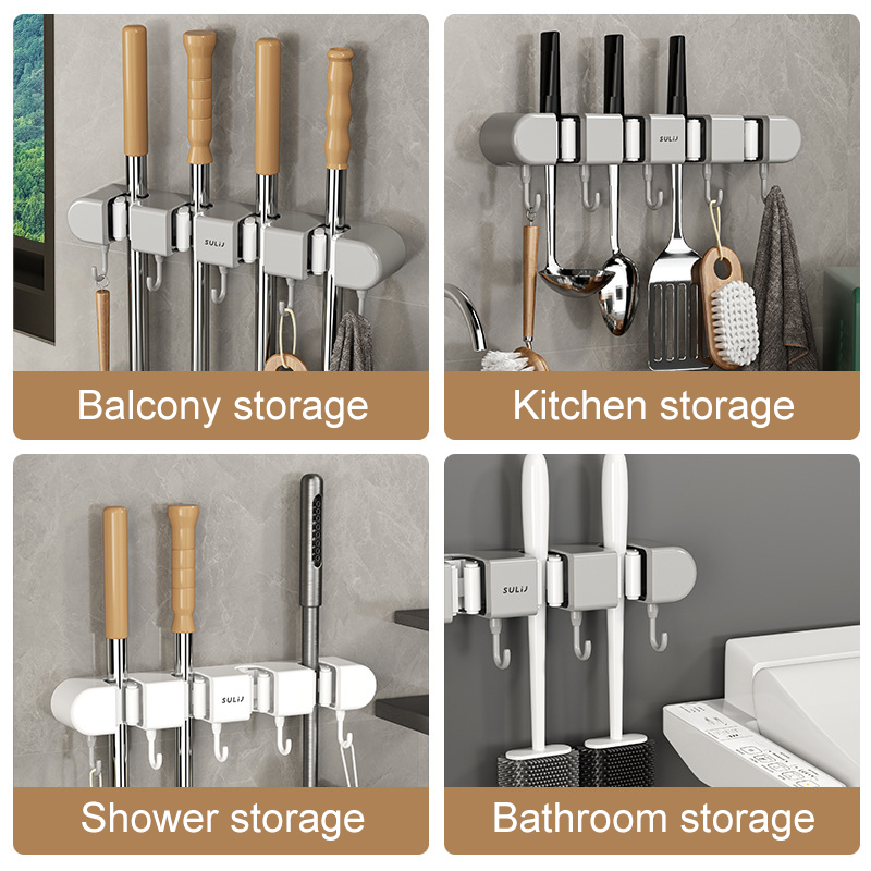 Mop Holder Wall Mounted Mop Organizer Holder Rackbrush Broom Hanger Hook Adhesive Multi-purpose Hooks Hanger Without Punching (4 Racks with 5 Hooks)(Grey, White)