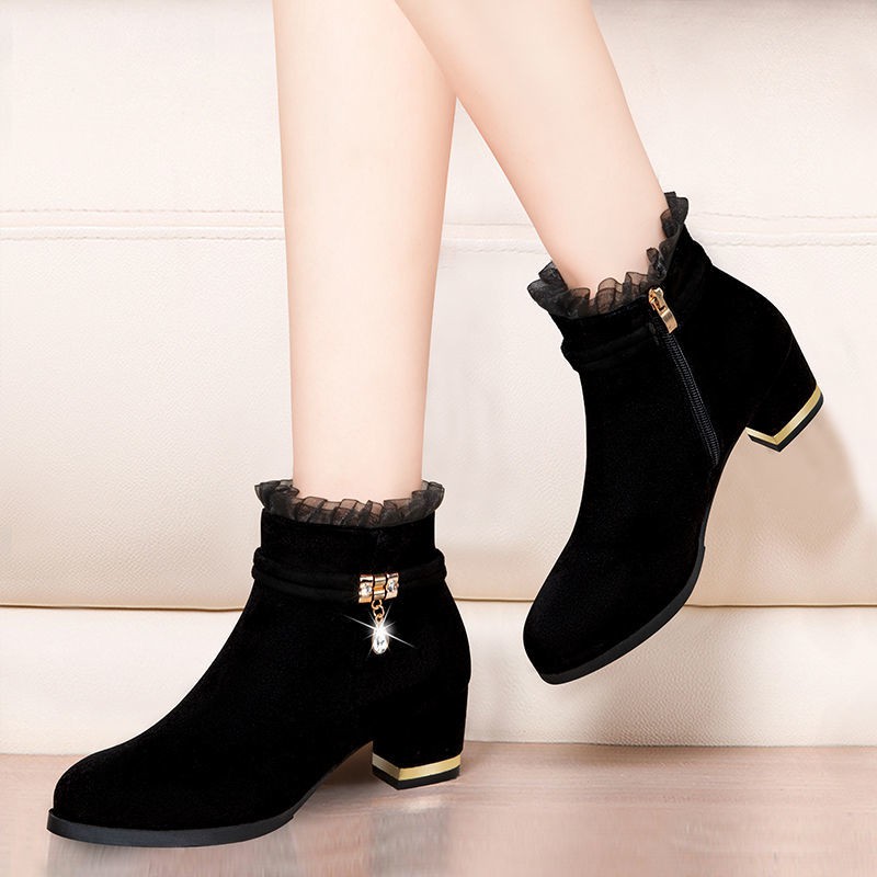 *Giày boot cổ thấp gót dày thời trang thu đông cá tính cho nữ