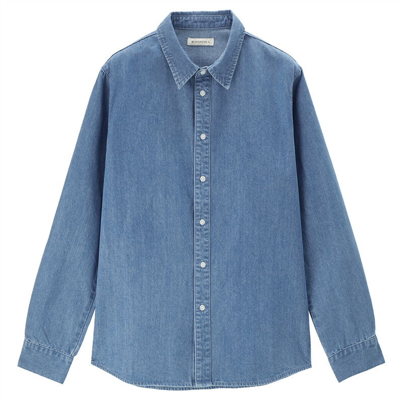 GIORDANO Men Shirts Long Sleeve Solid Color Simple Basic Denim Shirts Button Closure Fashion Casual Denim Shirts 18043608